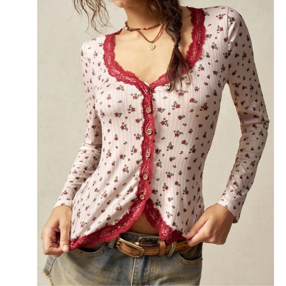 Boho Floral Print Lace Trim Ribbed Button Down Fitted Top S M L XL - Picture 2 of 5